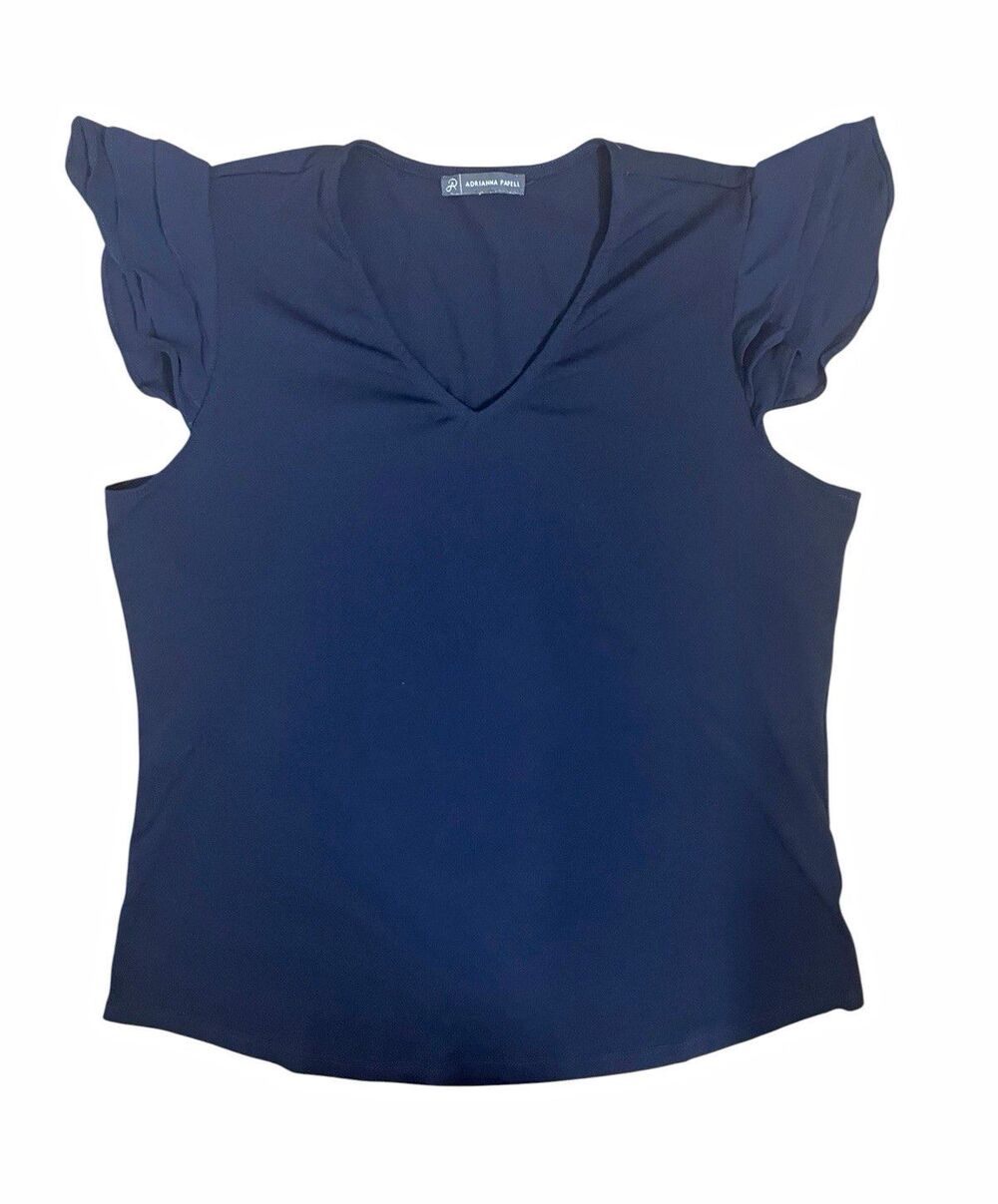 Adrianna Papell Navy Chiffon V-Neck Flutter Sleeve Ruffle Stretch Blouse M